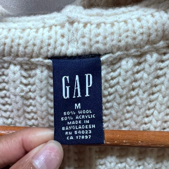 GAP Wool Blend Y2K Chunky Knit Ivory Long Cardigan M Open Front Hooded Duster - Picture 6 of 7